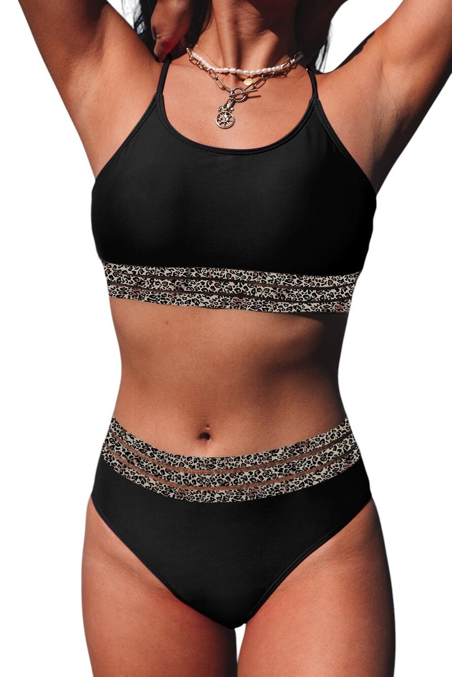 Black Leopard Mesh Trim Bikini Swimsuit Set New Size Small